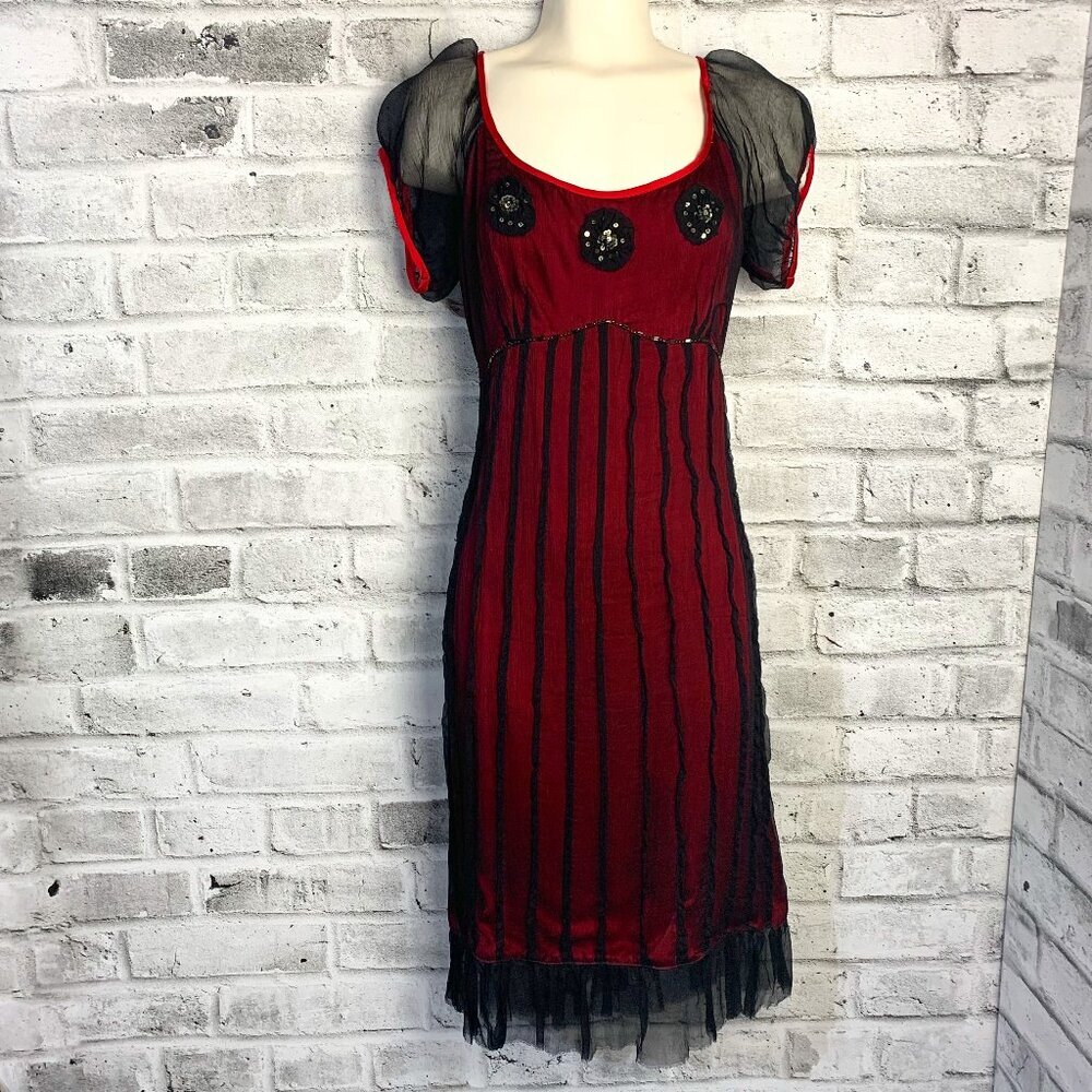 Maggie Walt Red 100% Silk Witchy Babydoll Midi Dress Small Black Sheer Overlay